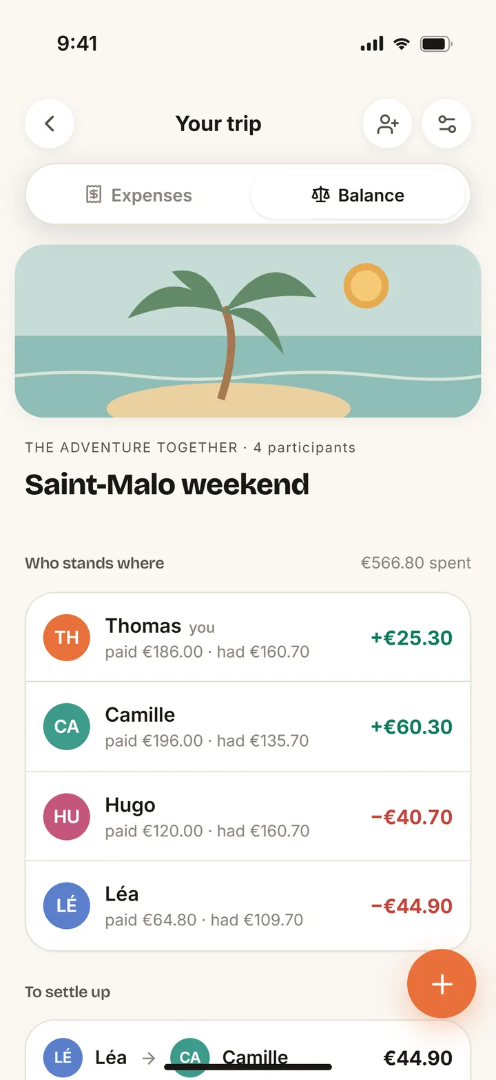 The Balance screen for the Saint-Malo weekend: what everyone paid, had, and their balance.