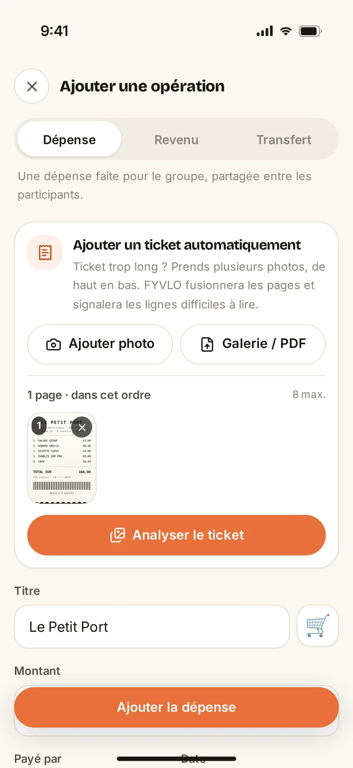Écran d’ajout d’une dépense : la photo du ticket du Petit Port, prête à être analysée.