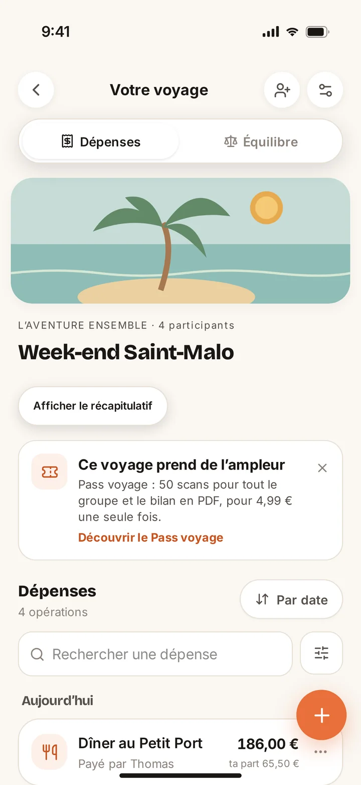 Les dépenses du week-end à Saint-Malo, avec ta part sur chaque dépense.
